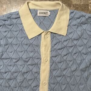 Oxknit Knit Sweater Mens Small Blue Short Sleeve Button Crochet Beach Cotton